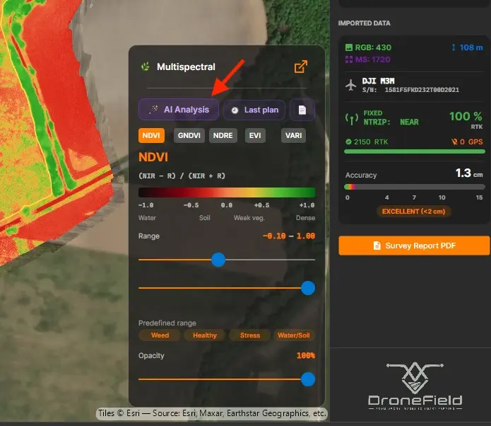 The AI analysis button on the DroneField vegetation index panel