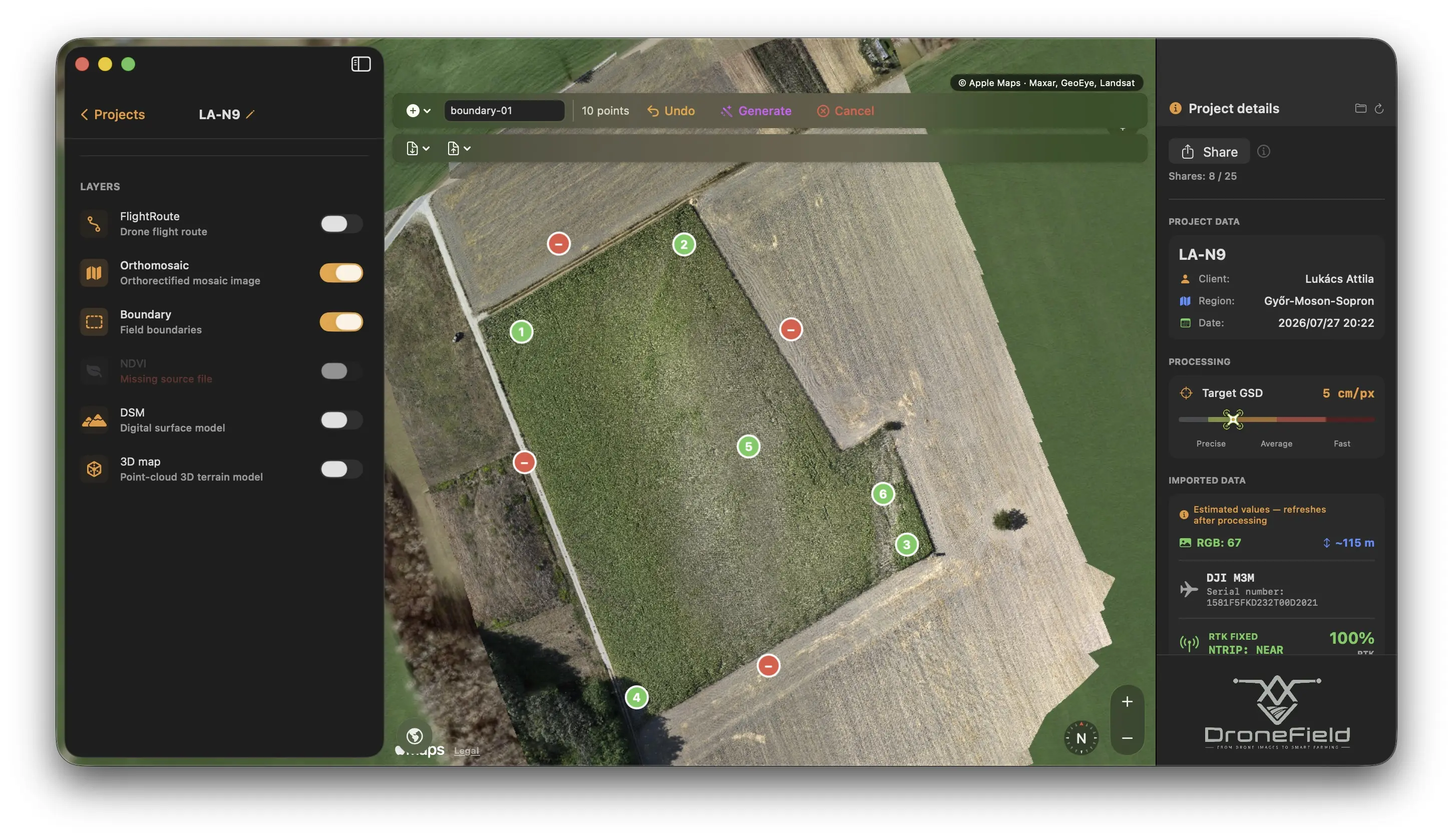 Refining the AI field boundary with + points to include and − points to exclude areas