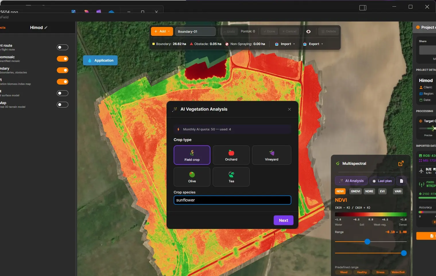 AI analysis wizard, step 1: choosing the cultivation type and the crop species