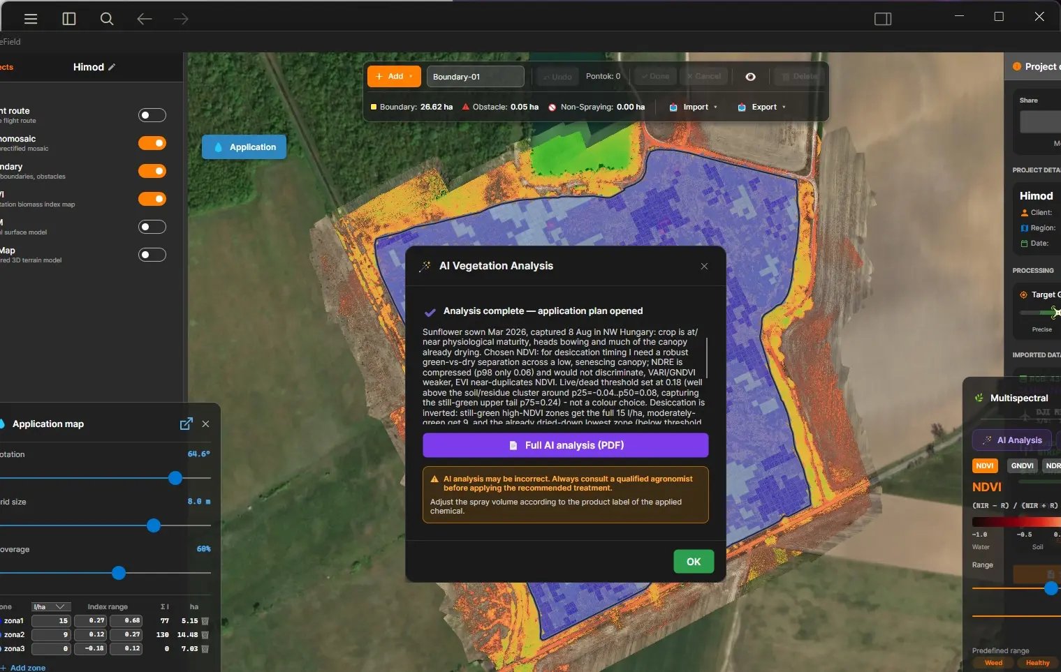 AI analysis result page with the application zones and Luna’s agronomic explanation