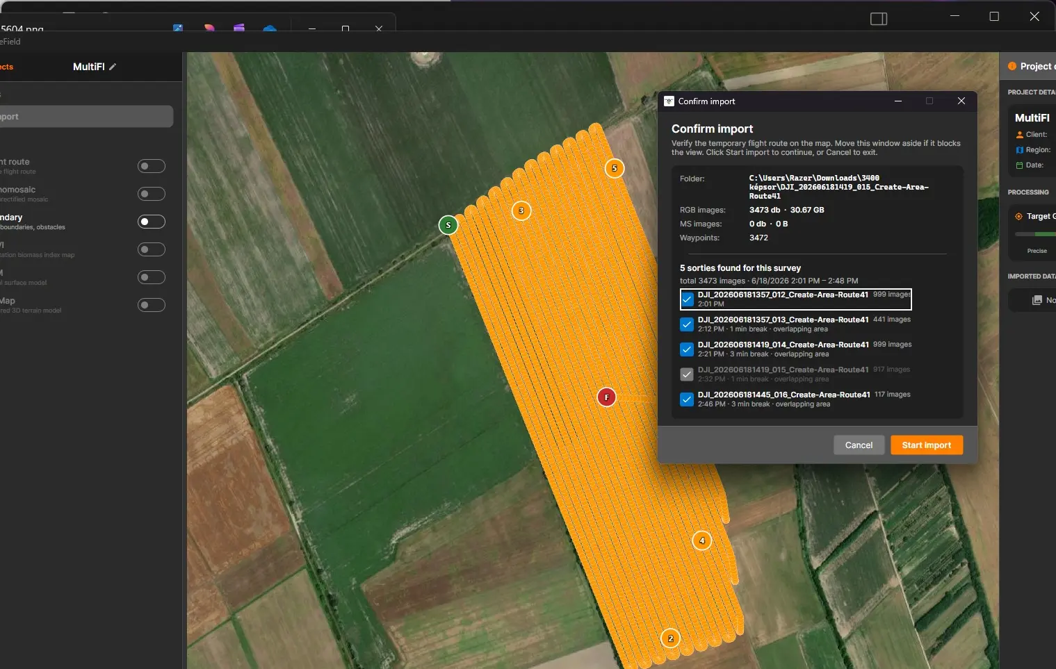 Multi-flight import confirmation list with the detected take-offs grouped together