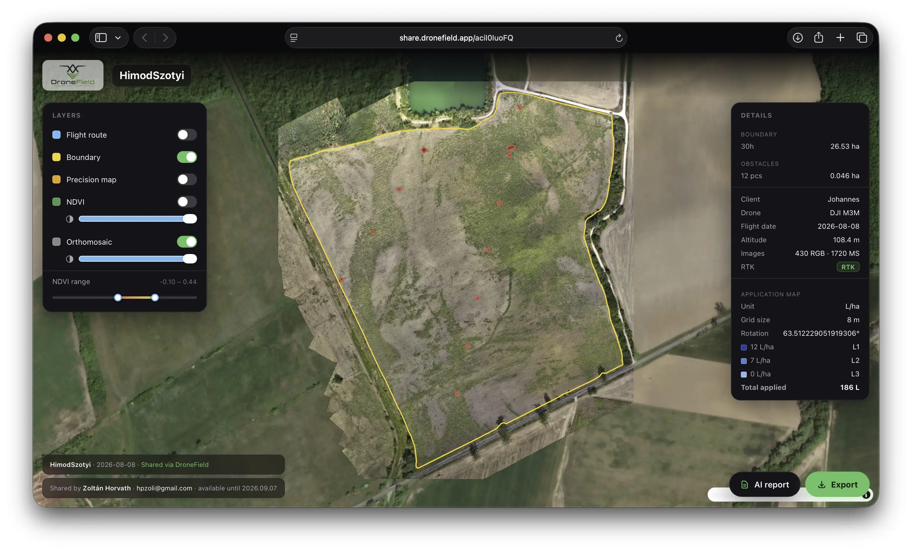 A shared DroneField project in the browser — orthomosaic, boundary and details panel