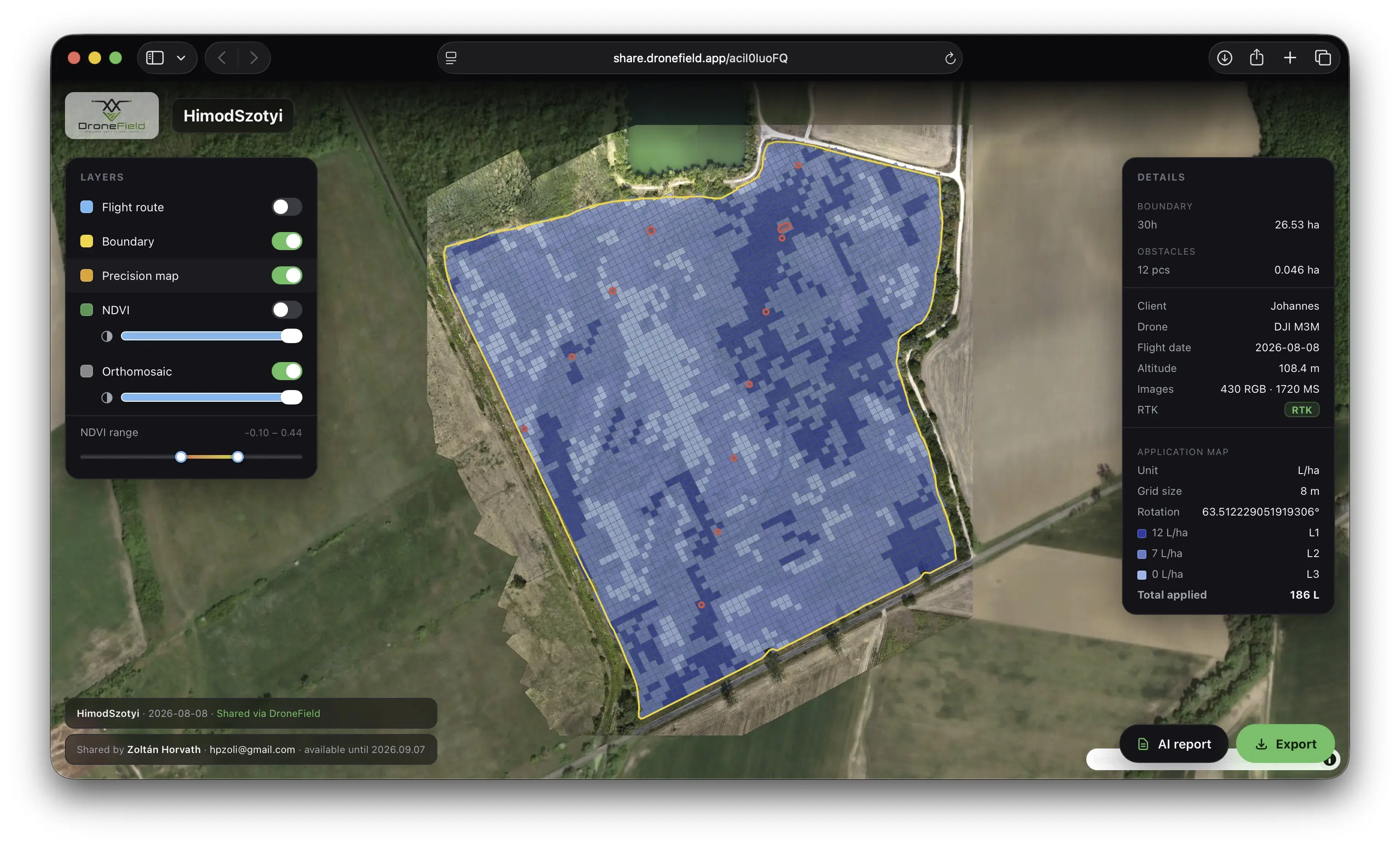 The precision (application) map layer of a shared project with dose zones