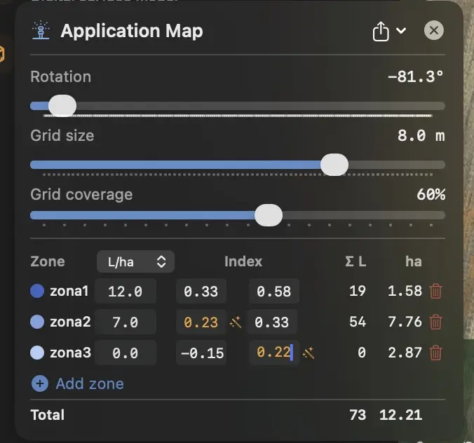 Application map zones panel with index bands and the magic-wand button
